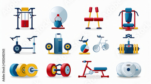 A set of icons and gym equipment like dumbbells and barbells in 3D design for fitness and weightlifting