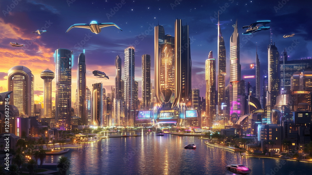 Fototapeta premium Illustration of futuristic cityscape at night with neon lights and towering skyscrapers