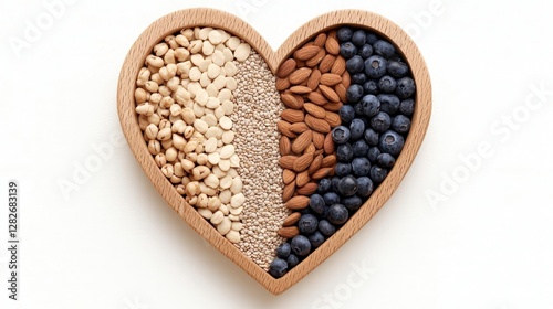 Heart Shaped Bowl of Healthy Foods  Almonds  Chia Seeds  Lupini Beans  Blueberries