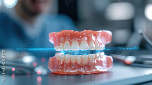 digital hologram of cybernetic dental anatomy showcases floating teeth in futuristic setting
