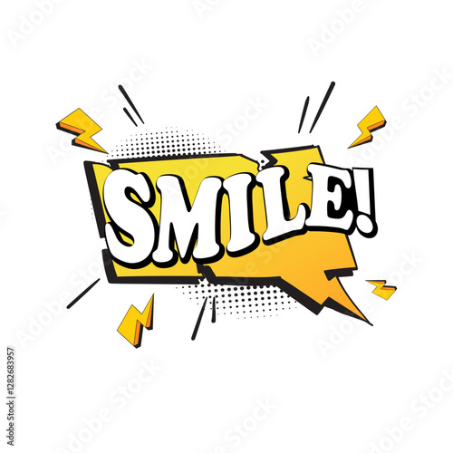 Pop art comic book speech bubble with cute vintage strip layout, explosion cloud message, with text SMILE