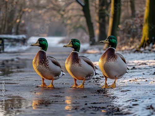 Three ducks walking on snowy park path photo
