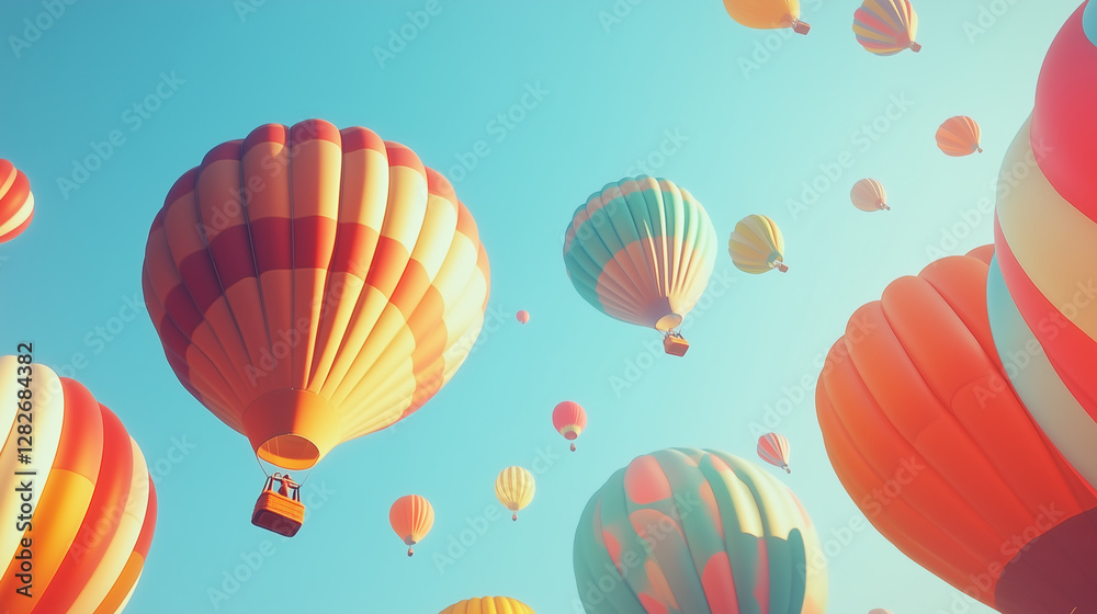 Obraz premium Illustration of colorful hot air balloon festival with balloons floating in a clear blue sky.