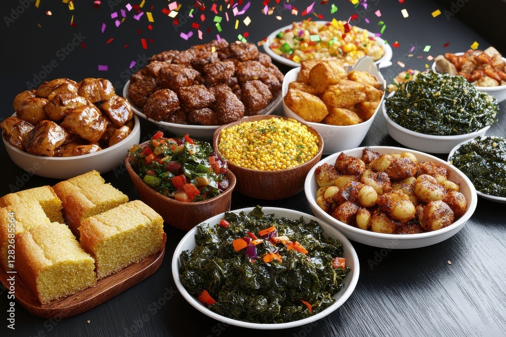 A vibrant display of various delicious dishes, featuring bowls of meatballs, greens, cornbread, and festive confetti, perfect for a celebration. A vibrant display of various delicious dishes, featuring bowls of meatballs, greens, cornbread, and festive confetti, perfect for a celebration.