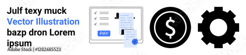 Invoice with details and payment button, dollar sign for currency, gear for settings or operations. Ideal for finance, business, transactions, money management, e-commerce, payment systems