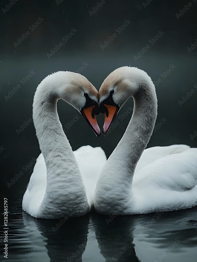Fototapeta premium Swans in love, heart shape, water, misty background