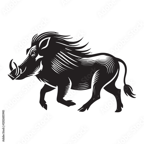 Warthog trotting Silhouette Vector Illustration, Solid White Background.