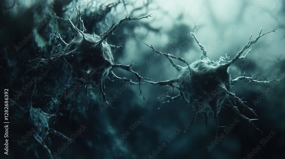 Microscopic view of neurons with intricate structures and connections in a dark, abstract biological background Microscopic view of neurons with intricate structures and connections in a dark, abstract biological background