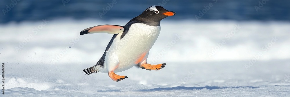 Fototapeta premium Antarctic Penguin Leap: A Wildlife Snapshot - A gentoo penguin takes a playful leap across the snow in Antarctica. Symbolizing freedom, adventure, wildlife, nature, and the Antarctic wilderness