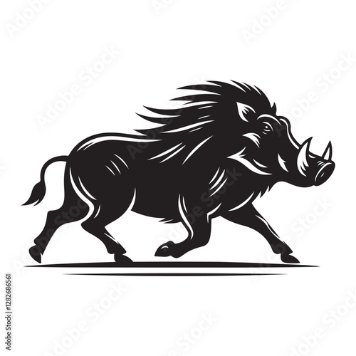 Warthog trotting Silhouette Vector Illustration, Solid White Background.