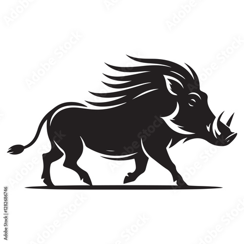 Warthog trotting Silhouette Vector Illustration, Solid White Background.
