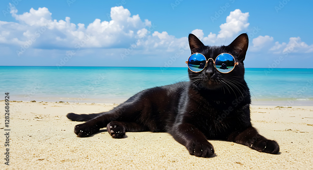 Obraz premium Cool Black Cat in Sunglasses on a Sunny Beach