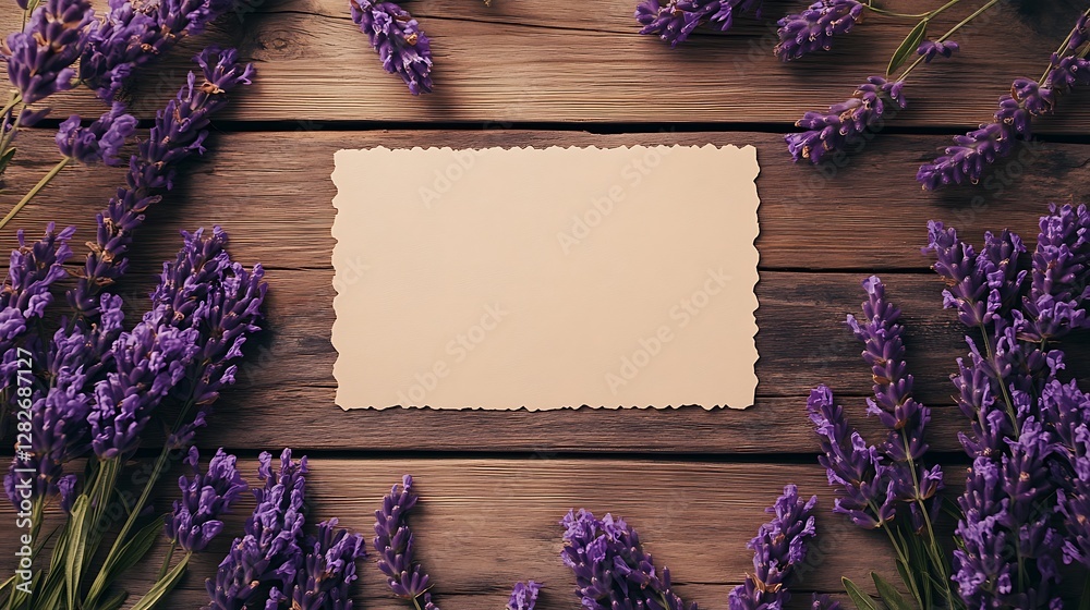 Lavender and Blank Notecard on Rustic Wooden Background Lavender and Blank Notecard on Rustic Wooden Background