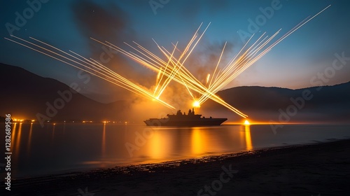 Dramatic long exposure shot of a missile cruiser firing flares into the night sky creating explosive bursts of light reflected in the calm ocean waters photo