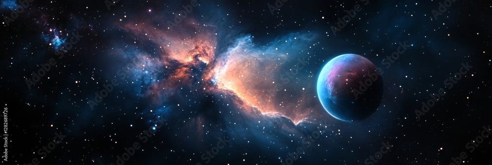 Obraz premium Cosmic Nebula and Vibrant Planet - A vibrant exoplanet orbits near a cosmic nebula, symbolizing exploration, wonder, creation, infinity, and cosmic mystery