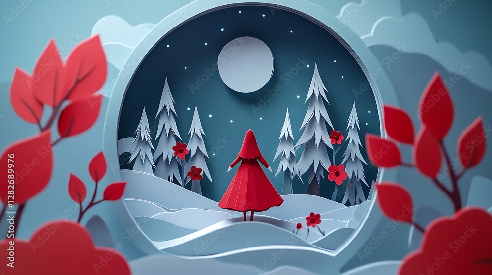 Naklejka premium Paper craft diorama of Little Red Riding Hood in a moonlit forest with layered 3D paper art and whimsical fairy tale aesthetics