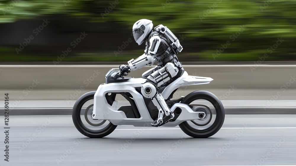 Fototapeta premium Futuristic exoskeleton powered soldier riding a high tech agile battlefield motorcycle at breakneck speed through a chaotic action packed military setting This image showcases the power strength