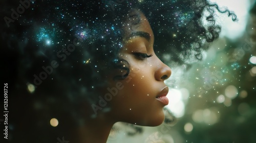 Contemplative woman with cosmic background. photo