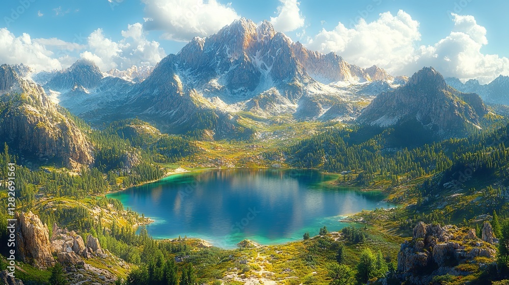 Fototapeta premium Aerial view of lago antorno in the dolomites: majestic lake mountain landscape featuring an alps peak near misurina and cortina d'ampezzo, italy