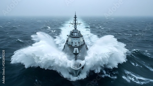 Imposing Gray Destroyer Cruising at High Speed Through Stormy Seas   A Powerful Naval Warship Plowing Through Crashing Waves and Foaming Surf