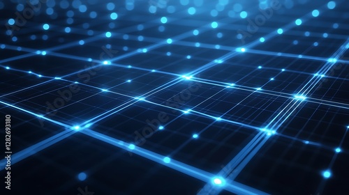 Futuristic wireframe solar panels with blue neon glow in a 3D rendering of sustainable energy technology

