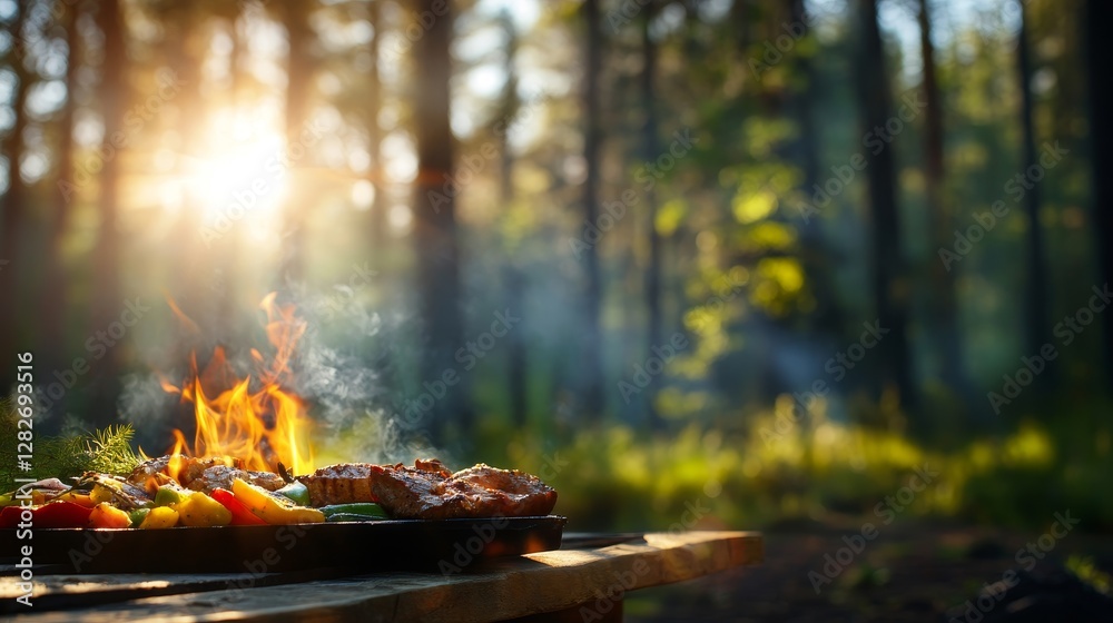 Forest Sunset BBQ Grill - A lone campfire crackles in a sun-drenched forest, grilling meat and vegetables. Symbolizing adventure, nature, relaxation, cooking, and togetherness Forest Sunset BBQ Grill - A lone campfire crackles in a sun-drenched forest, grilling meat and vegetables. Symbolizing adventure, nature, relaxation, cooking, and togetherness