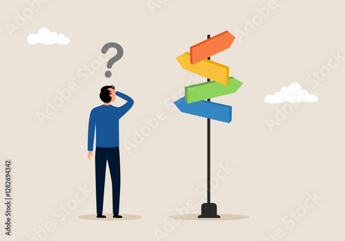 Business decision making, career path, work direction or choose the right way to success concept. Confusing businessman looking at multiple road sign with question mark and thinking which way to go.