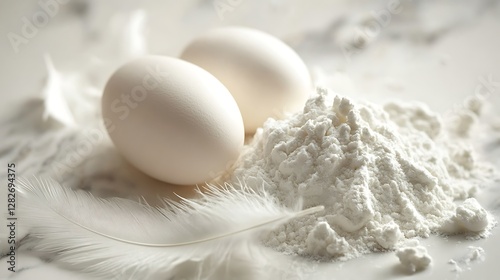 Two eggs, flour, and feather on marble