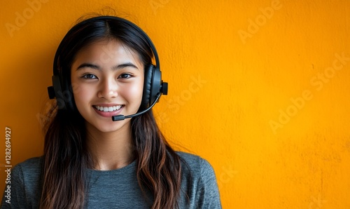 Smiling Young Woman Wearing Headset Against Orange Background