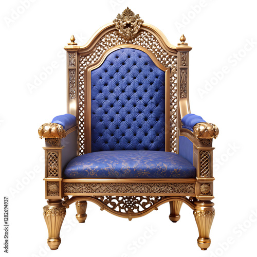 Royal Throne: A majestic golden throne with intricate carvings and a luxurious blue seat. A symbol of power, authority, and regal splendor. photo