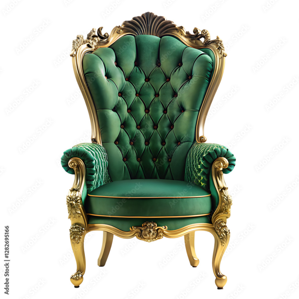 Regal Throne: A luxurious emerald green armchair with intricate golden detailing and a tufted back, symbolizing opulence and classic design. Regal Throne: A luxurious emerald green armchair with intricate golden detailing and a tufted back, symbolizing opulence and classic design.