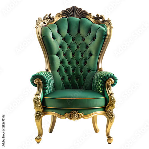 Regal Throne: A luxurious emerald green armchair with intricate golden detailing and a tufted back, symbolizing opulence and classic design. photo
