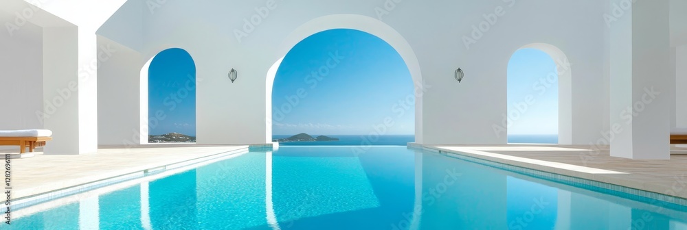 Fototapeta premium Infinity Pool Ocean View Villa - Stunning infinity pool overlooking the ocean, nestled within a modern white villa with arched windows. Luxury escape