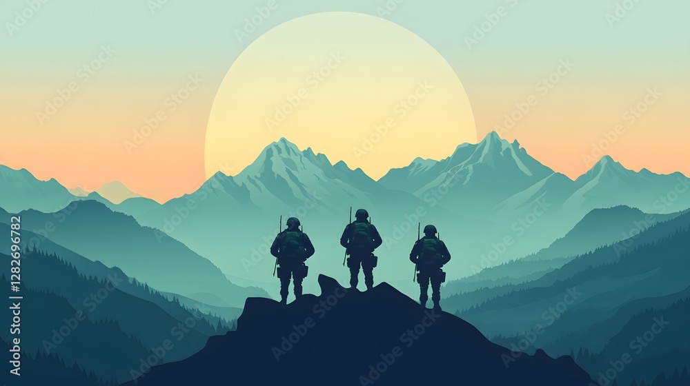 Silhouette of hikers at sunrise, three figures on mountain ridge against pastel sky, evokes adventure and exploration. Silhouette of hikers at sunrise, three figures on mountain ridge against pastel sky, evokes adventure and exploration.