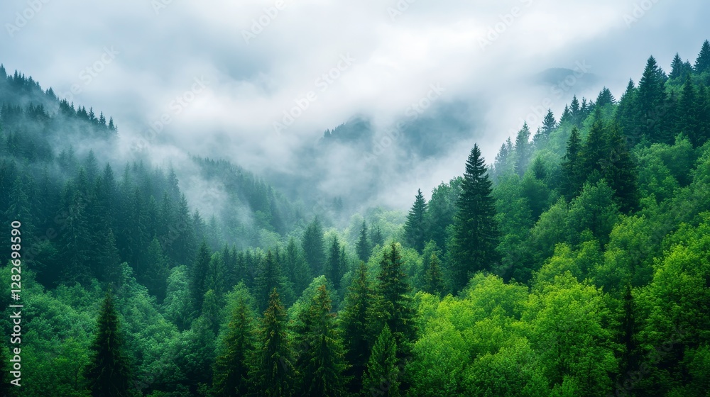 Misty Mountain Forest Landscape - Serene of a lush green forest shrouded in mist, rolling hills covered in evergreen trees. Perfect for nature, travel, and environmental themes Misty Mountain Forest Landscape - Serene of a lush green forest shrouded in mist, rolling hills covered in evergreen trees. Perfect for nature, travel, and environmental themes