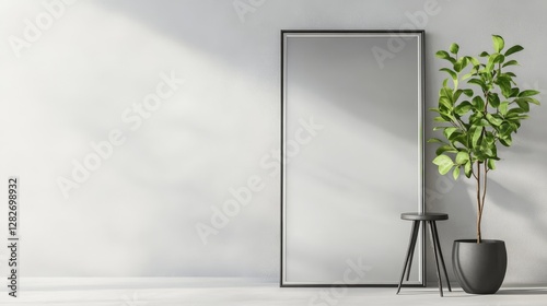 Modern Minimalist Room with Large Frame and Plant - Clean lines, simple elegance, natural light, tranquility, and modern design combine in this minimalist room setting