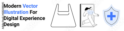 Minimalist shopping bag, figure exiting smartphone, shield with medical cross. Ideal for e-commerce, safety, technology, healthcare, digital interaction, security themes flat landing page banner