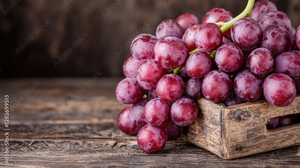 Red Grapes in Wooden Crate on Rustic Tabletop Red Grapes in Wooden Crate on Rustic Tabletop