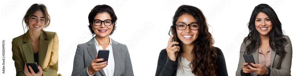 Collection of Smiling Latin woman using mobile phone isolated on white or transparent background Collection of Smiling Latin woman using mobile phone isolated on white or transparent background