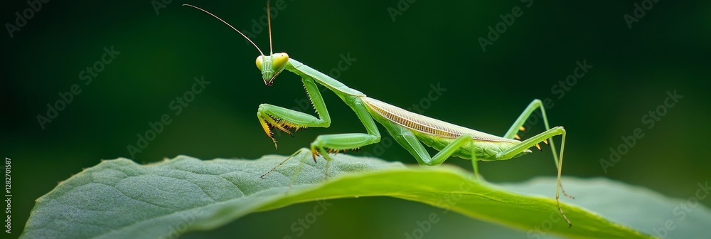 Praying Mantis on Leaf - A vibrant green praying mantis rests on a lush green leaf, showcasing its intricate details against a blurred green background Praying Mantis on Leaf - A vibrant green praying mantis rests on a lush green leaf, showcasing its intricate details against a blurred green background