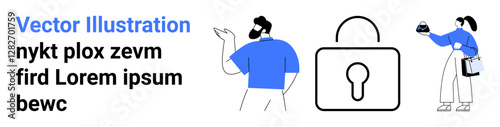 Man gesturing thoughtfully, woman examining a mobile screen, and a large lock reinforcing the theme of security. Ideal for technology, privacy, security education, digital transformation