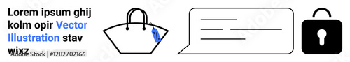 Handbag with tag, text bubble with lines, and lock symbol highlight safety, retail, conversation, data protection. Ideal for e-commerce, security apps, chat services retail branding legal advice