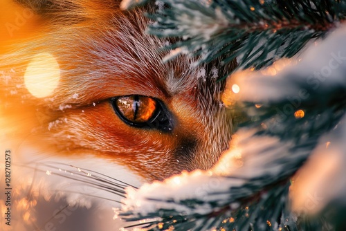 Close-up of a red fox's eye peering from behind a snow-covered pine branch in the warm sunset light. photo