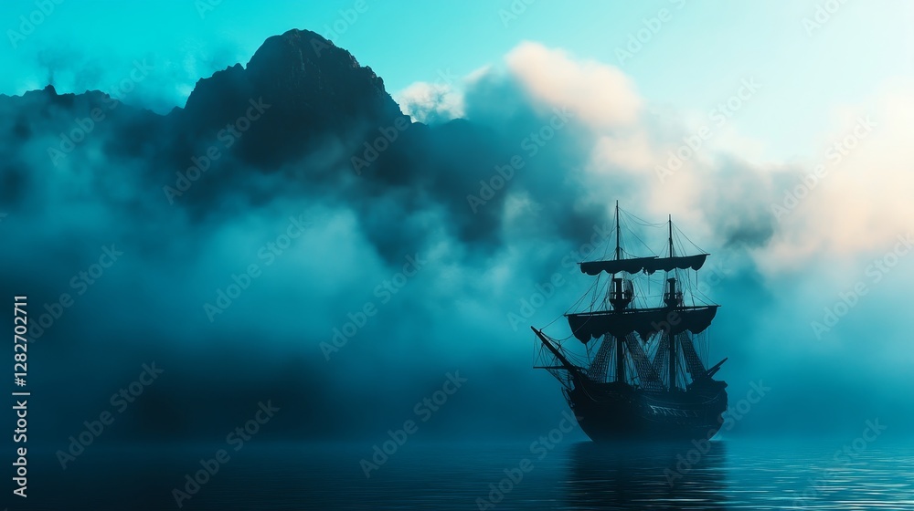 Fototapeta premium Sailing Ship in Misty Fjord - A majestic sailing ship navigates a serene fjord shrouded in mist, mountains looming in the background