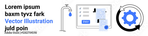 Water tap with drop, payment dashboard checklist, receipt, and gear in rotation arrows. Ideal for finance, automation, sustainability, workflow efficiency technology digital solutions. Abstract