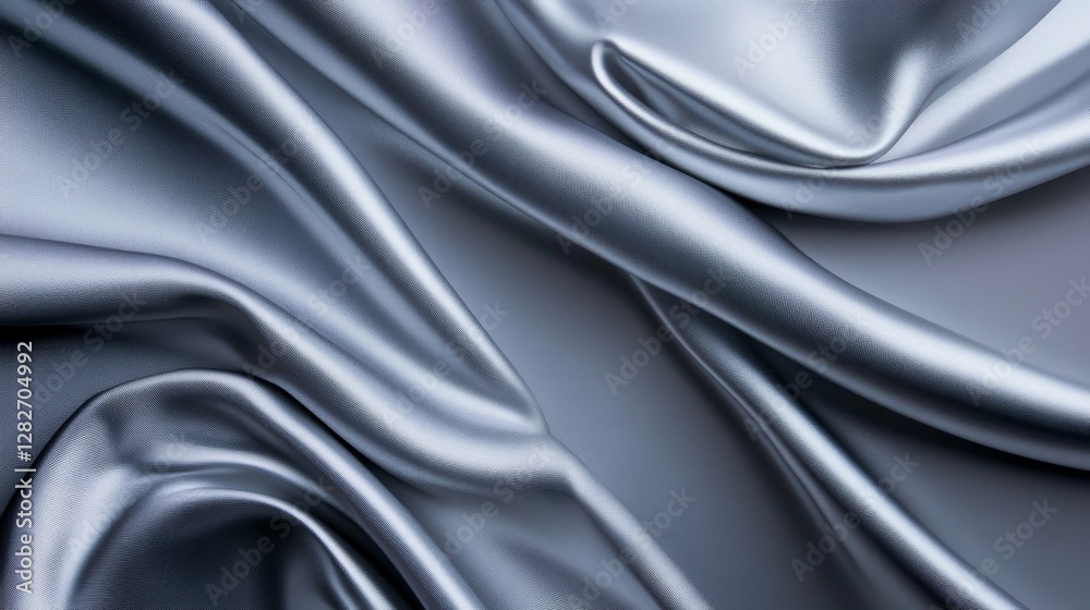 Fototapeta premium Smooth Silver Silk Drape - Luxurious silver fabric, elegant folds, smooth texture, flowing lines, sophisticated design. Symbolizing luxury, elegance, sophistication, fluidity, and grace