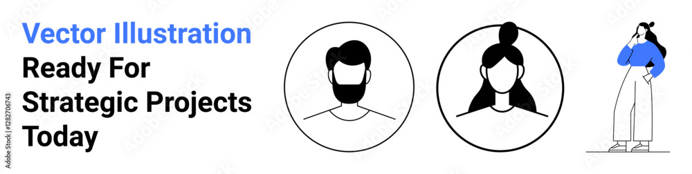 Two black-and-white circle portraits, man and woman, alongside a casually dressed woman thinking. Ideal for teamwork, collaboration, diversity, leadership, creativity, modern workplace flat landing Two black-and-white circle portraits, man and woman, alongside a casually dressed woman thinking. Ideal for teamwork, collaboration, diversity, leadership, creativity, modern workplace flat landing