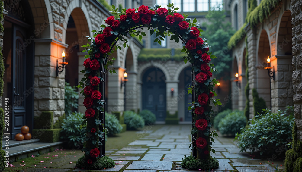 Fototapeta premium Wedding Arch with Red Roses in Front of a Stone Entrance
