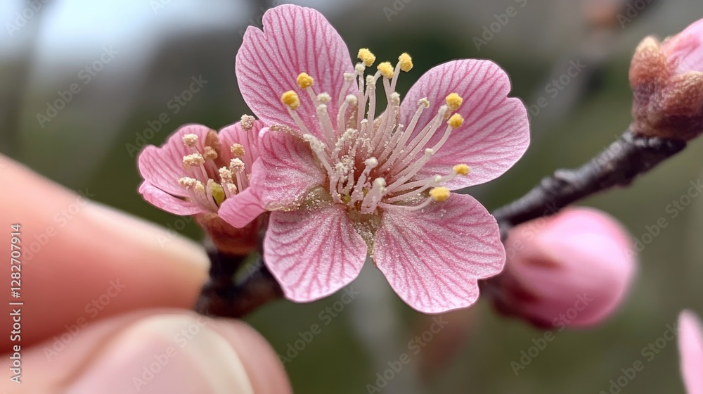 Close-Up of Hand Holding Delicate Cherry Blossom Close-Up of Hand Holding Delicate Cherry Blossom
