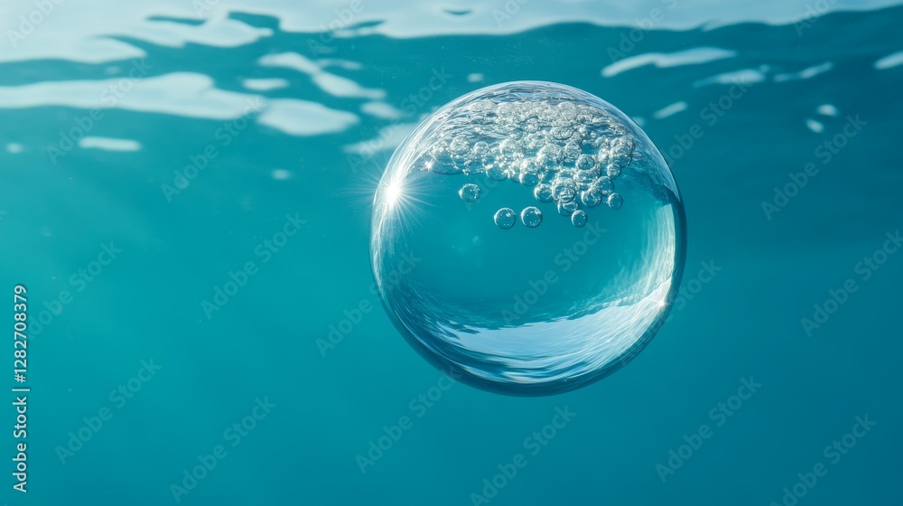 Obraz premium Underwater Sphere with Bubbles - A crystal sphere floats beneath the surface, filled with tiny bubbles. It symbolizes purity, fragility, reflection, the environment, and underwater life